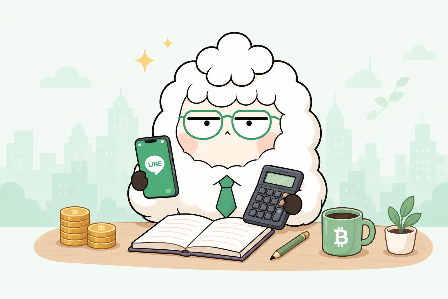Kepigo กำลังบันทึกรายจ่ายผ่าน LINE ด้วยมือถือ เครื่องคิดเลข และสมุดบัญชี